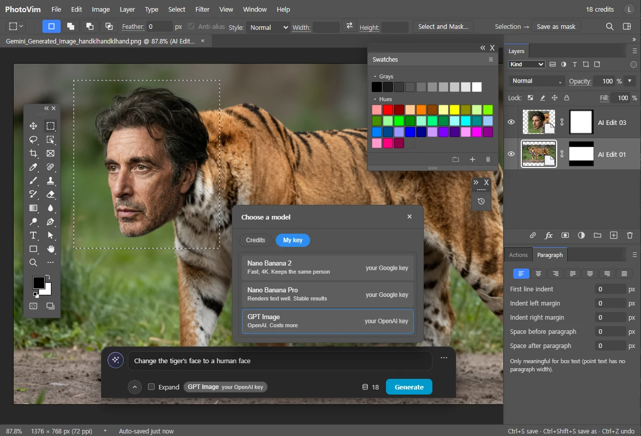 The PhotoVim editor — the layers panel shows an adjustment layer and a layer with its mask.