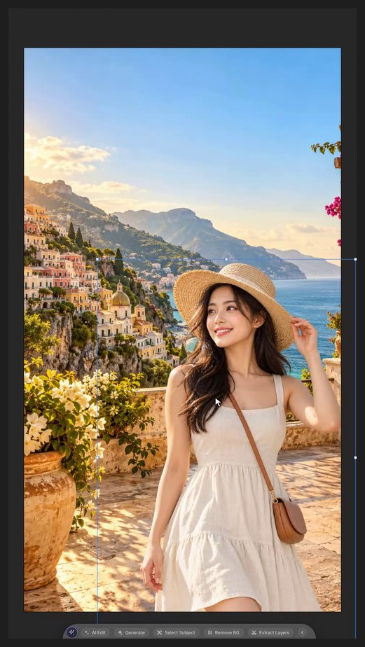 Place the person low in the frame — Create a Coastal Travel Cover with Layered Photos and Type