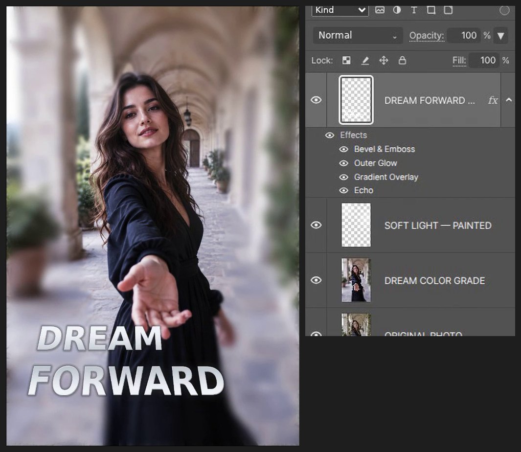 Tilt the title — Dreamy Portrait Poster: Contrast, Color Grading and Dimensional Text