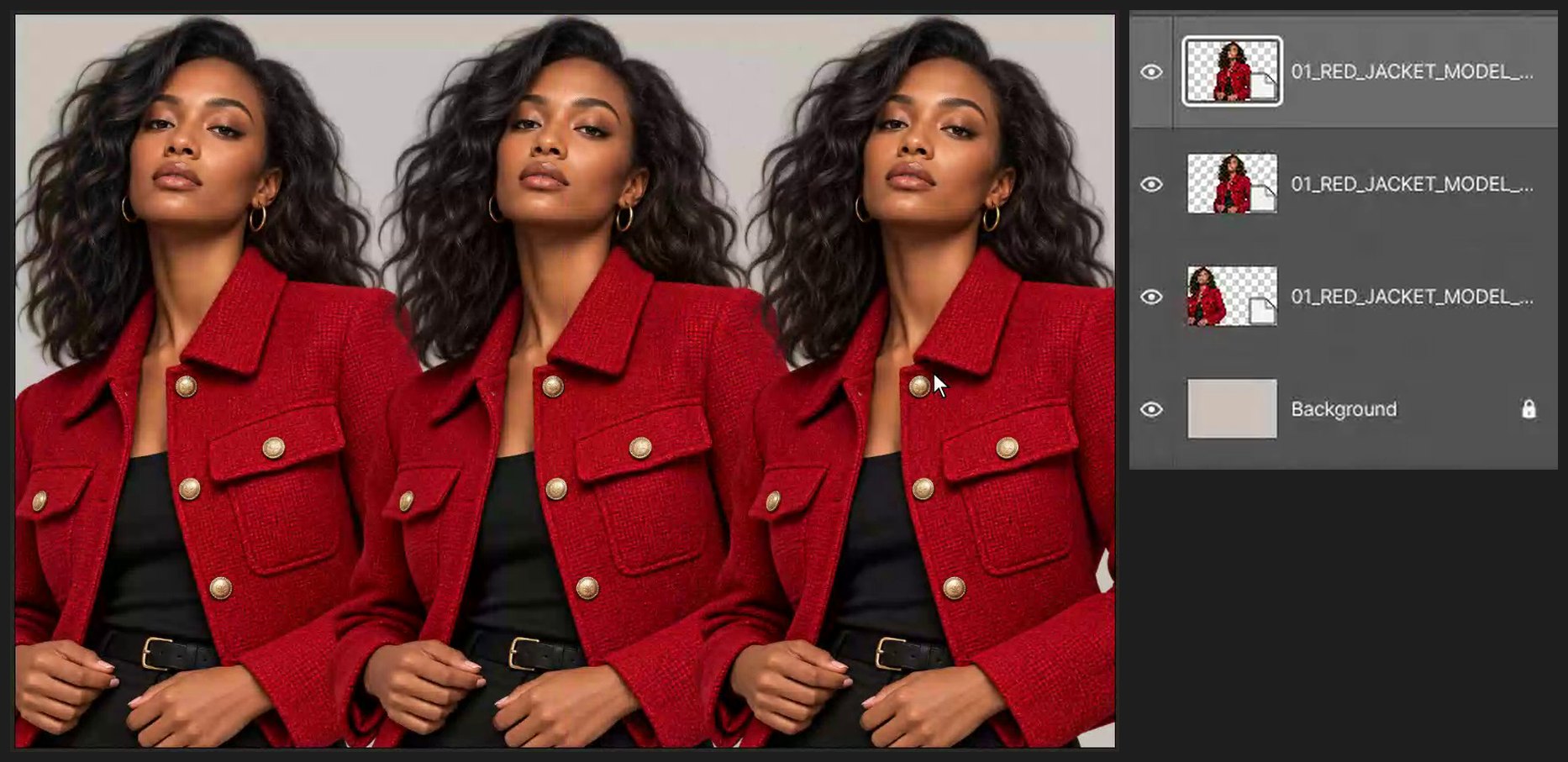 Make three copies side by side — Change a Jacket Color with Color Range and Hue/Saturation