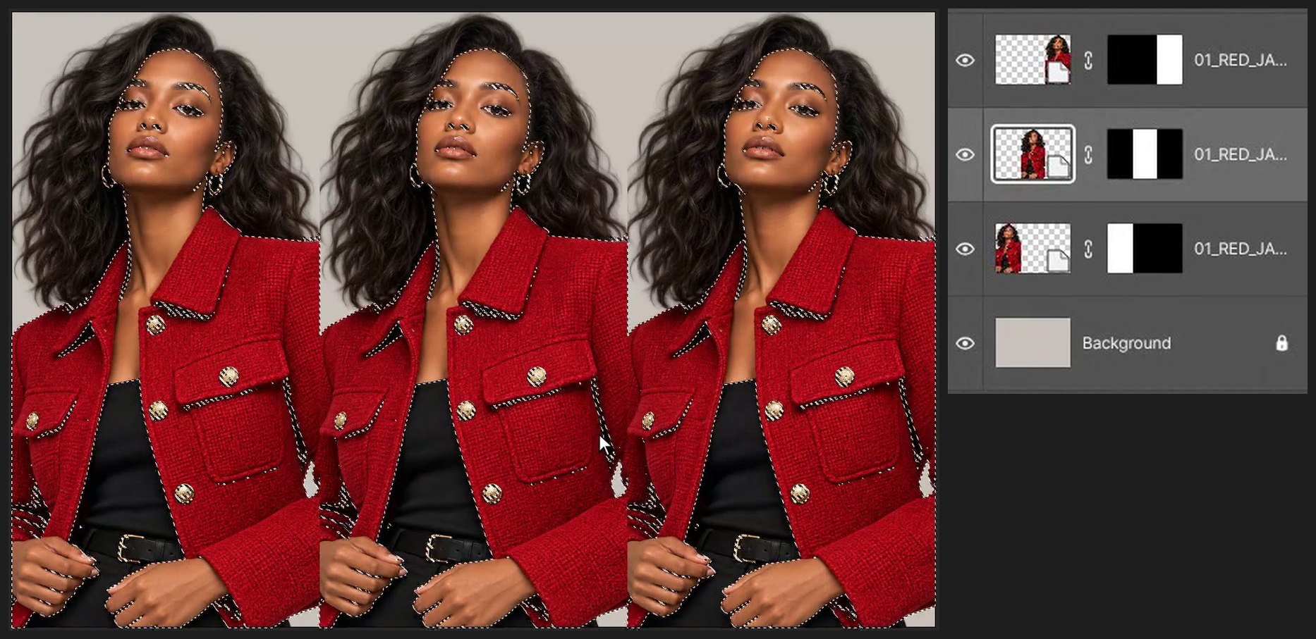 Select the red jacket — Change a Jacket Color with Color Range and Hue/Saturation
