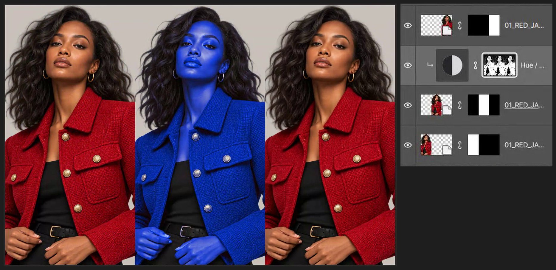 Recolor it blue — Change a Jacket Color with Color Range and Hue/Saturation