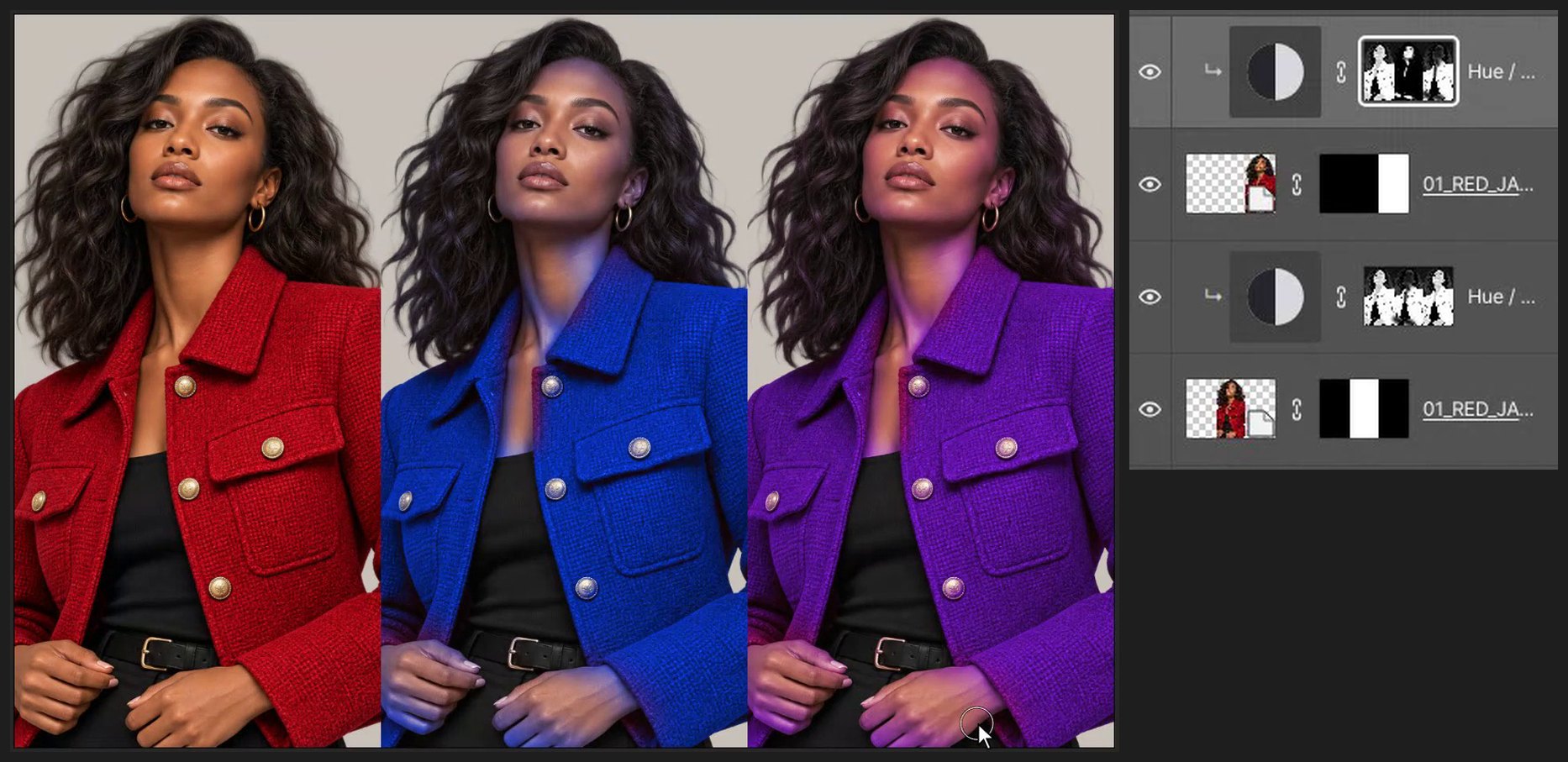 Repeat for violet — Change a Jacket Color with Color Range and Hue/Saturation