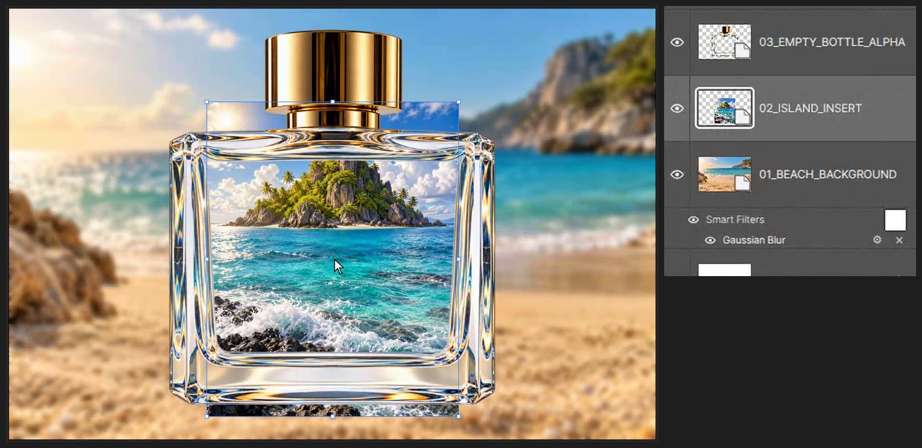 Place the island behind the glass — Ocean in a Bottle: Composite a Scene Inside Glass