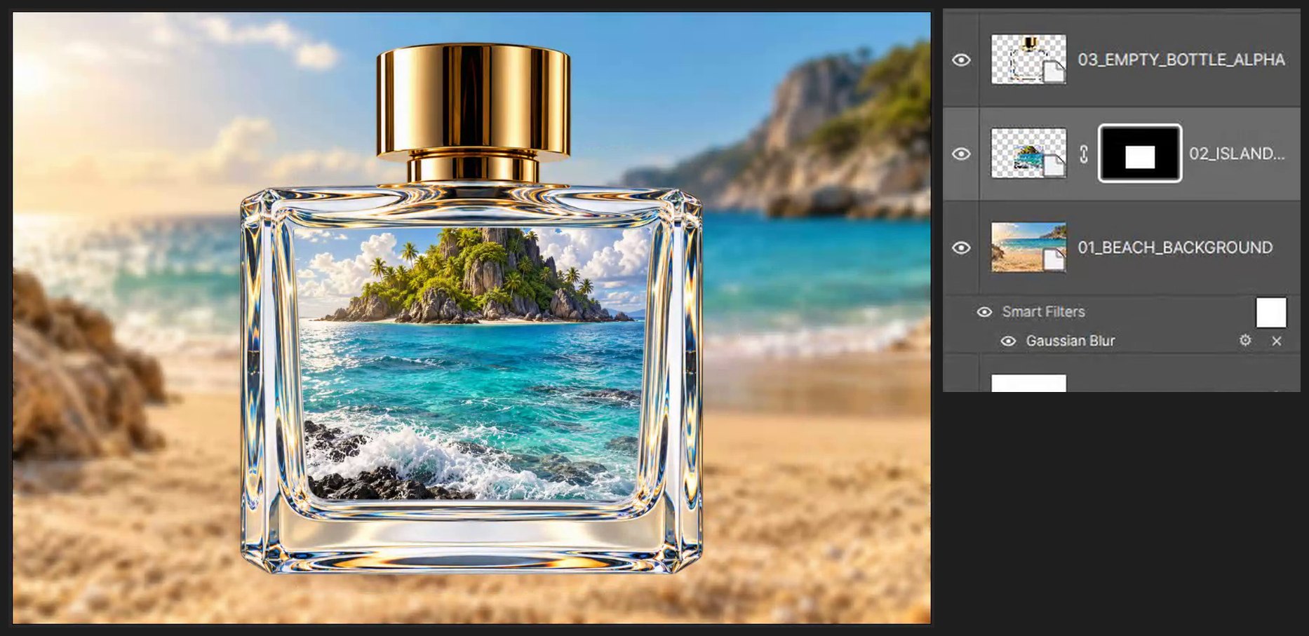 Show the island only inside the glass — Ocean in a Bottle: Composite a Scene Inside Glass